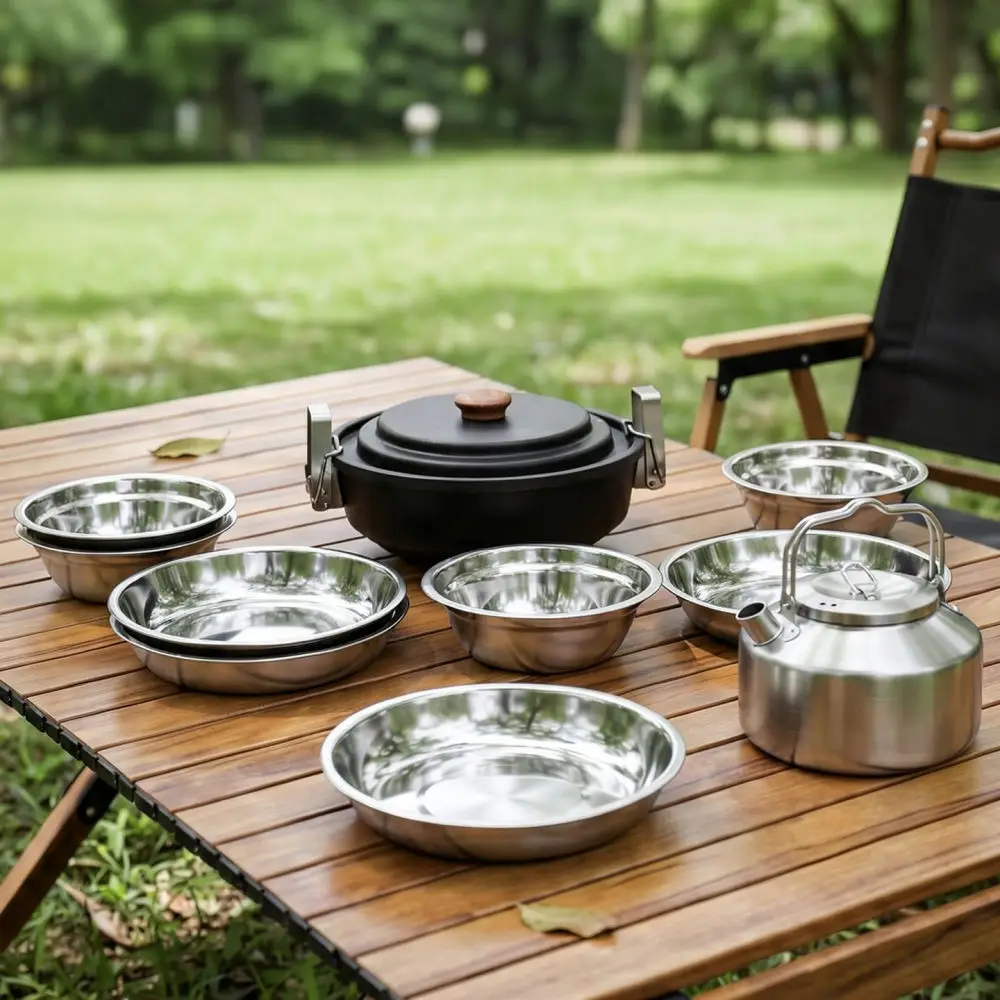 For For CLS Outdoor Camping Kitchen Gear Portable Stainless Steel Cooking Set Picnic Hiking Pots Kettle Mess Kit