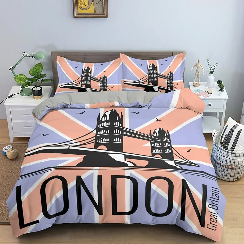 

UK London Style King Queen Duvet Cover British Elements Bedding Set for Teens Adults London Bridge Big Ben Polyester Quilt Cover