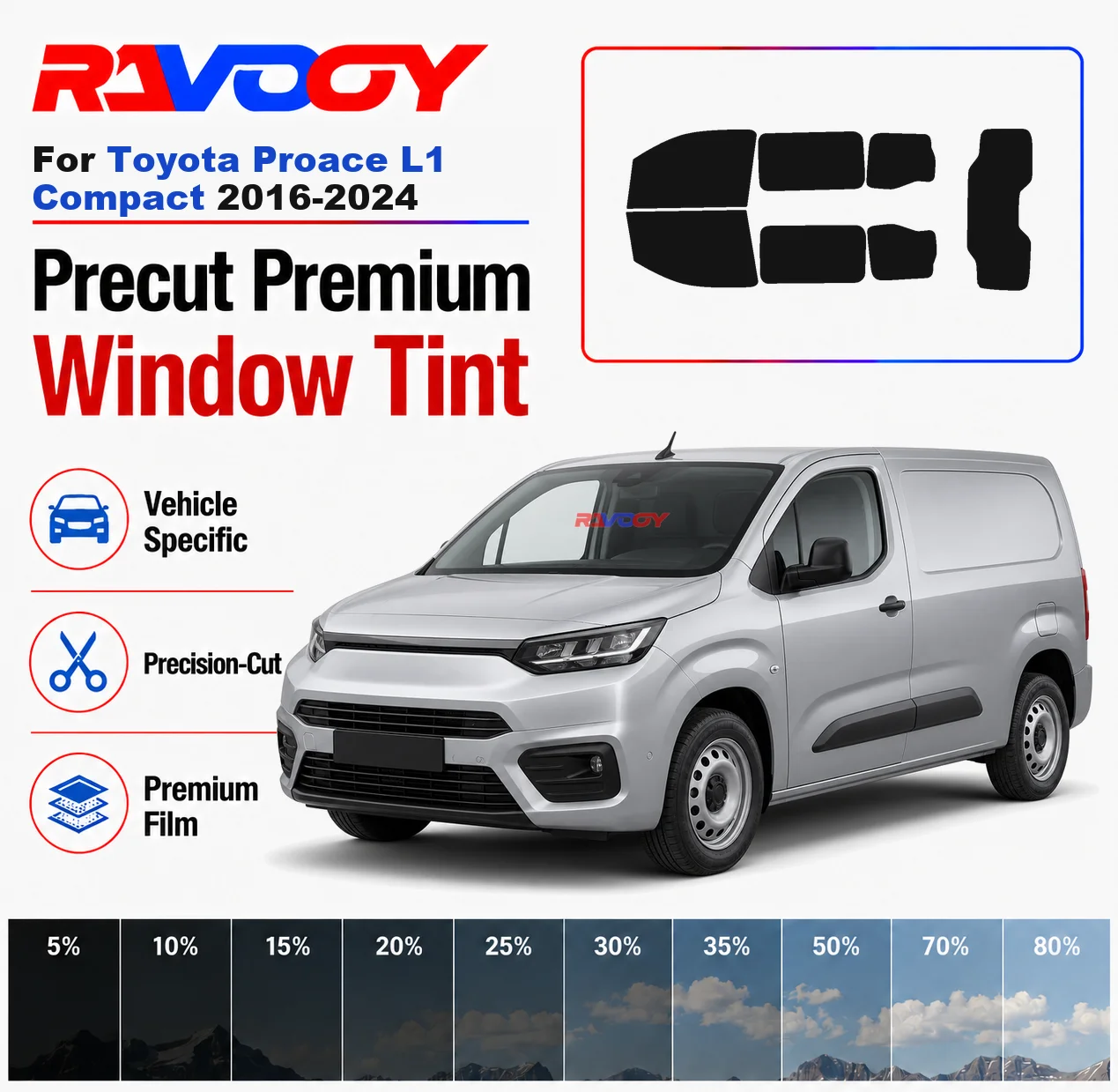Premium Precut Window Tint Kit Front Rear Windows Rear Windshield For Toyota Proace L1 Compact 2016-2024 Nano Ceramic Film