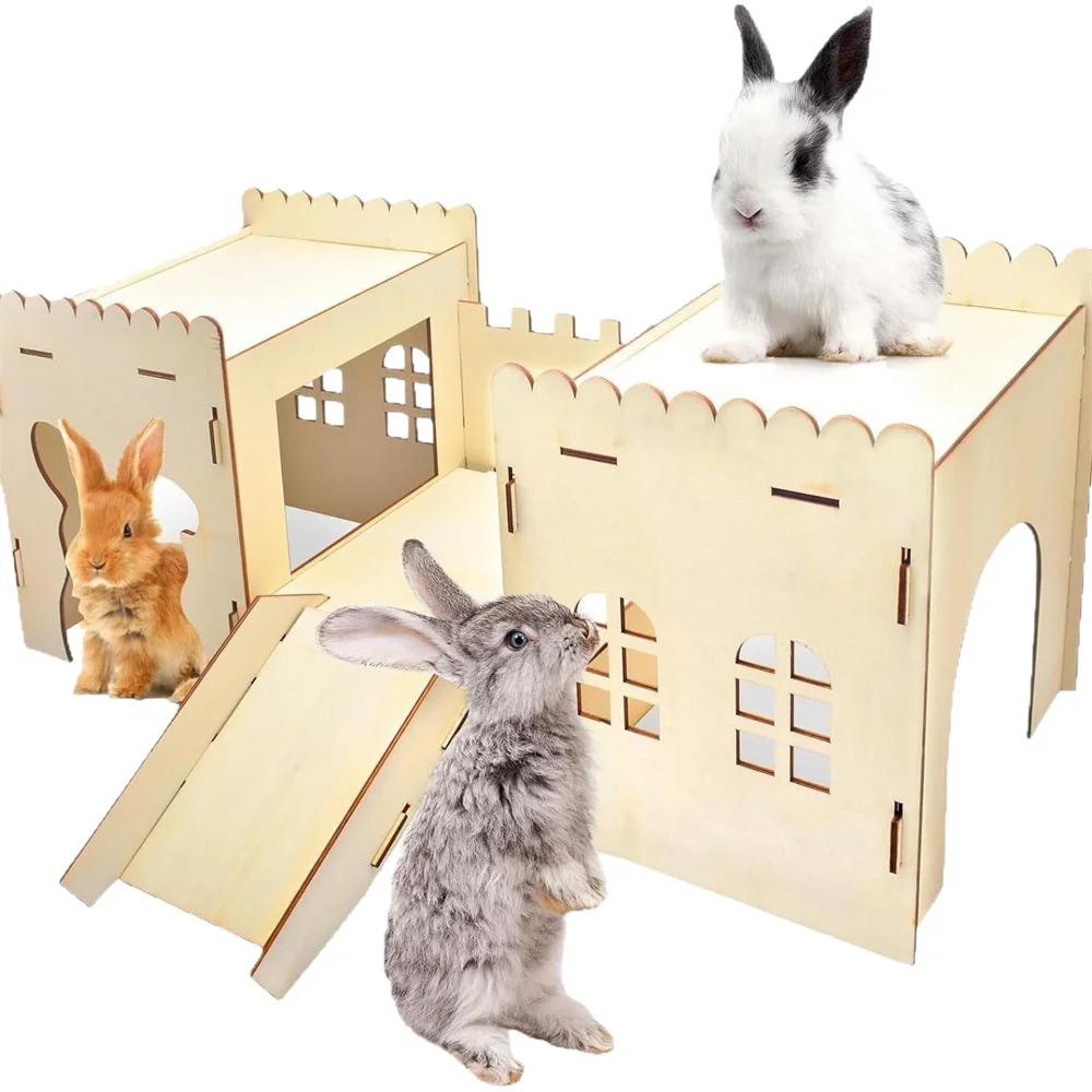 

​Extra Large Wooden Rabbit Hutch Castle Multi-Level Climbing Tower Hideout Cave for Bunny Guinea Pig Chinchilla Small Animals