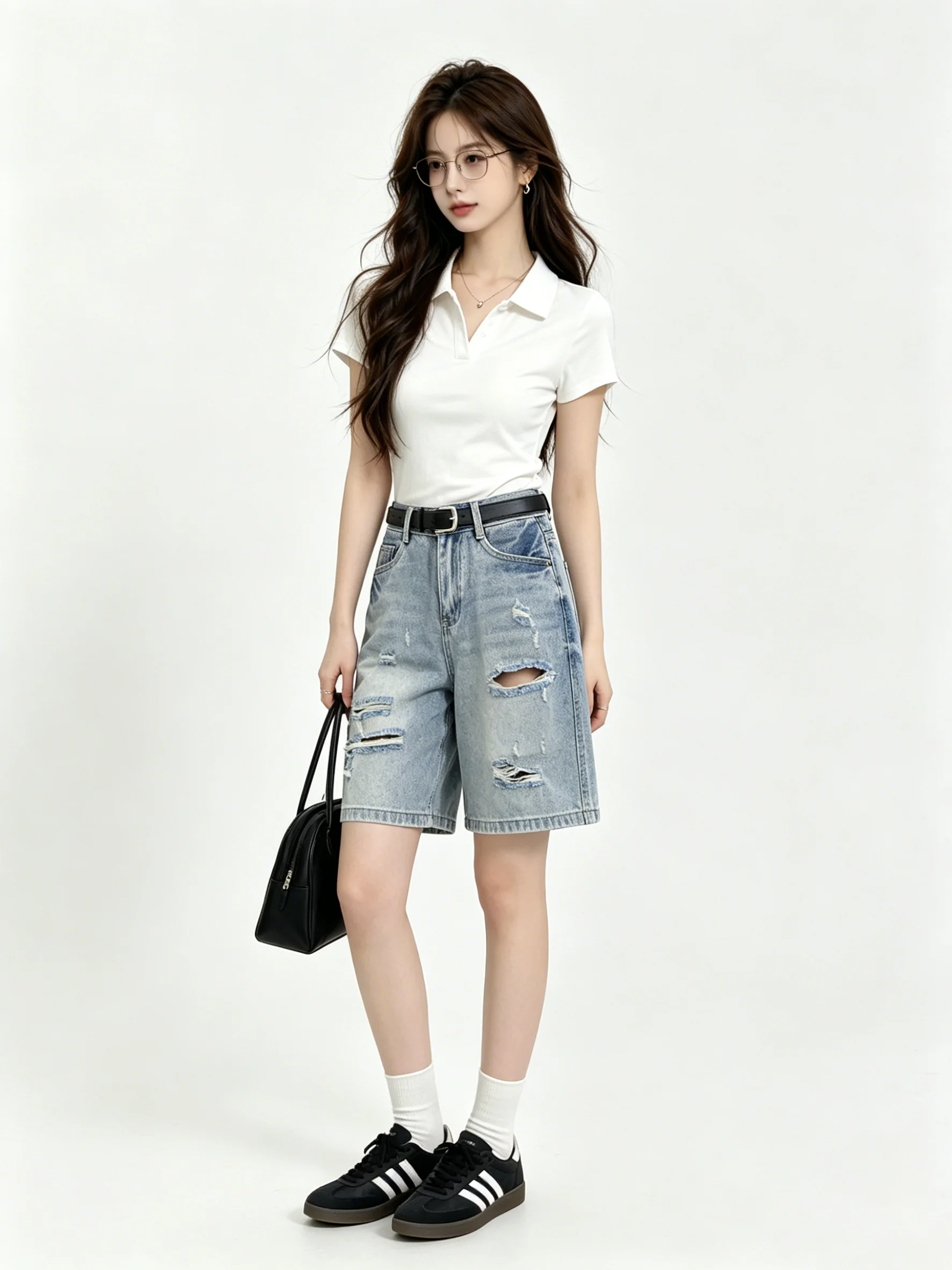 

Retro Style Torn Denim Wide Leg Pants Women Summer Loose High Waist Straight Cut Five Parts Commuter Versatile Casual Jeans