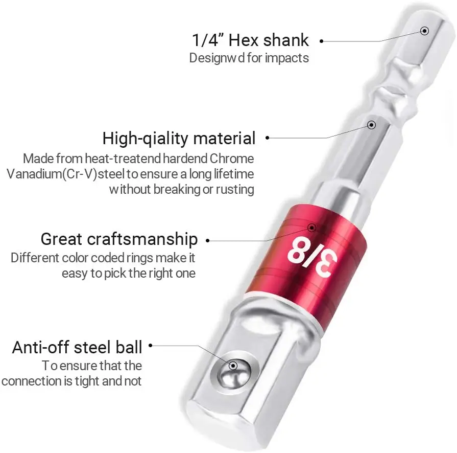 Impact Grade Socket Adapter/ Extension Set, Turns Power Drill Into High Speed Nut Driver 1/ 4", 3/ 8" 1/ 2" Drive, Drill Adpater