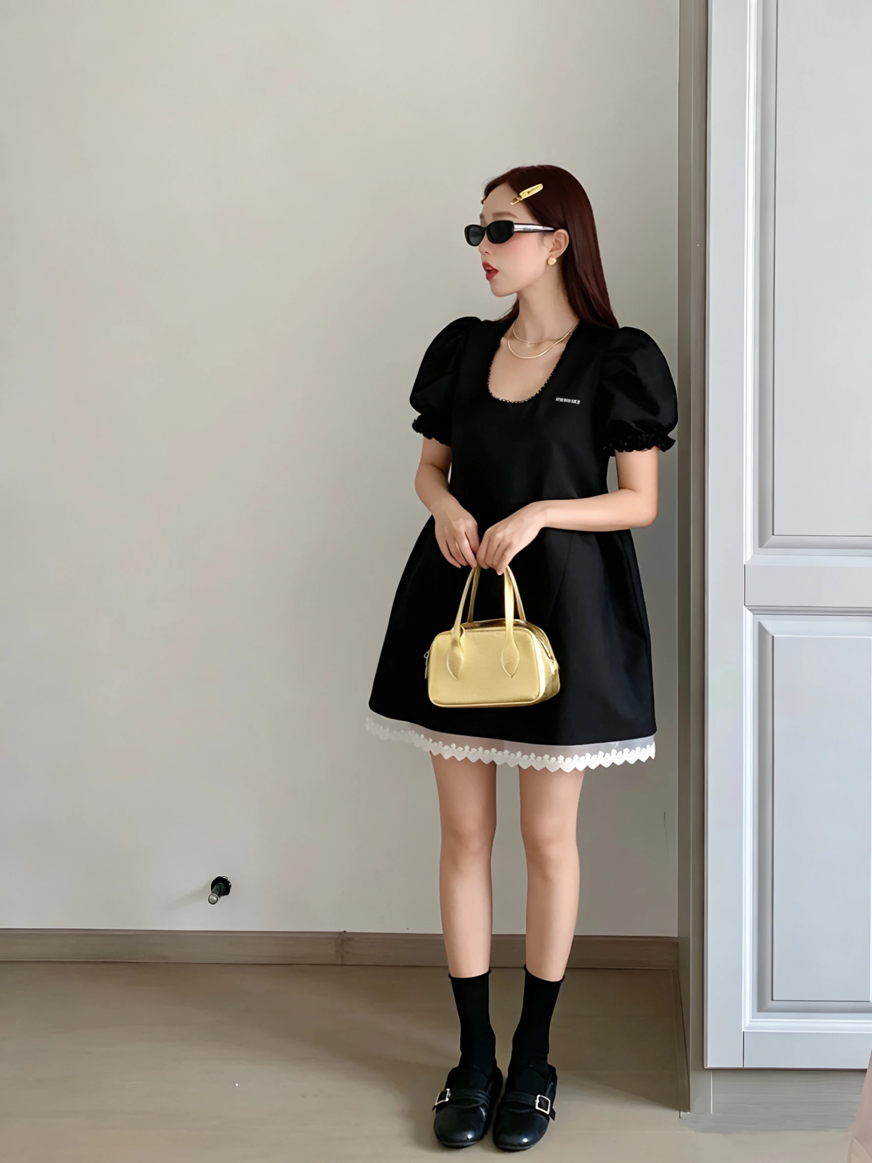 

Black Bubble Sleeve Slimming Design Waist Cinched Dress French Style Polyester Blend Short Sleeve A-Line Dress for Women