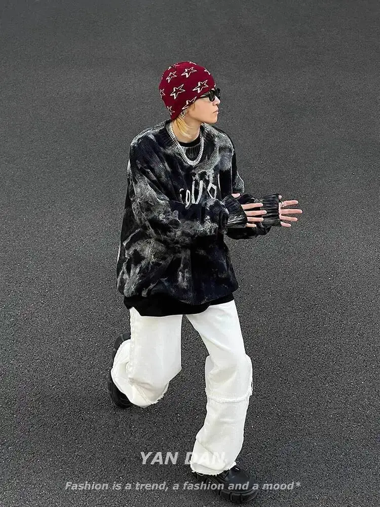 Gothic Punk Men's Knitting Sweater Retro Tie Dye Gradient Knit Sweater Black Street Style Hip Hop Fashionable Pullover Outerwear