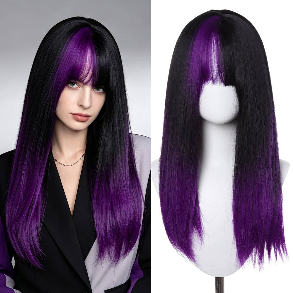 Synthetic 22 Inch Black Purple Gradient Highlight Bangs Medium Long Straight Hair Wig Halloween Cosplay Heat Resistant Fiber