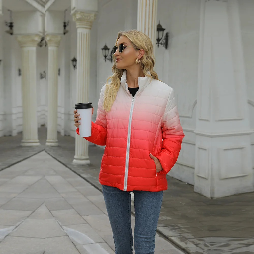 2023 Autumn and Winter Women Cotton-Padded Jacket Gradient Printed Long Sleeve Pocket Zipper Stand Collar Cotton Pink Oversized