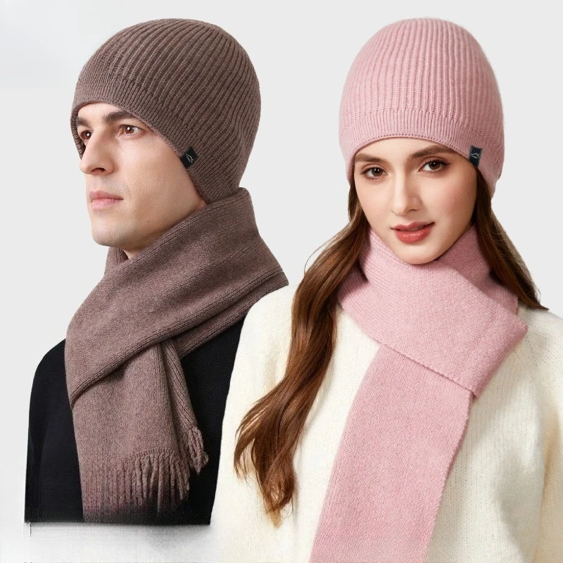 new-hat-scarf-two-piece-set-men's-and-women's-outdoor-cold-proof-versatile-knitted-hat-big-head-circumference-pullover-hat