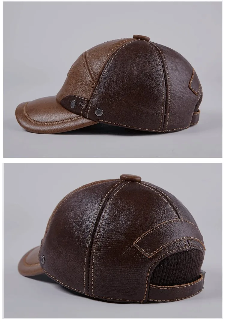 New Winter Genuine Leather Patchwork Baseball Caps For Men Warm Cowhide Golf Peaked Dome Hats Male Letters Adjustable