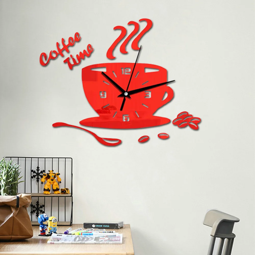 Creative Coffee Cup Wall Clock Sticker Modern Design 3D Mirror Home Decoration Accessories Living Room Background Wall Decor