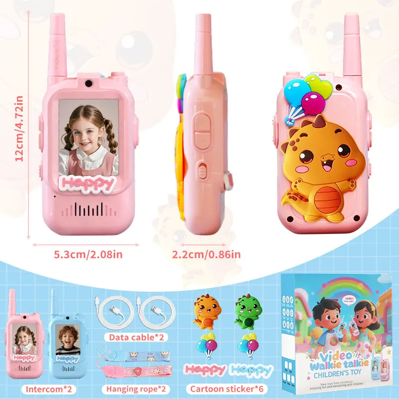 Walkie talkies de vídeo para crianças, 2 pacotes, recarregável, tela de alta definição de 2 polegadas, trocador de voz para crianças, gadgets, tecnologia, presente