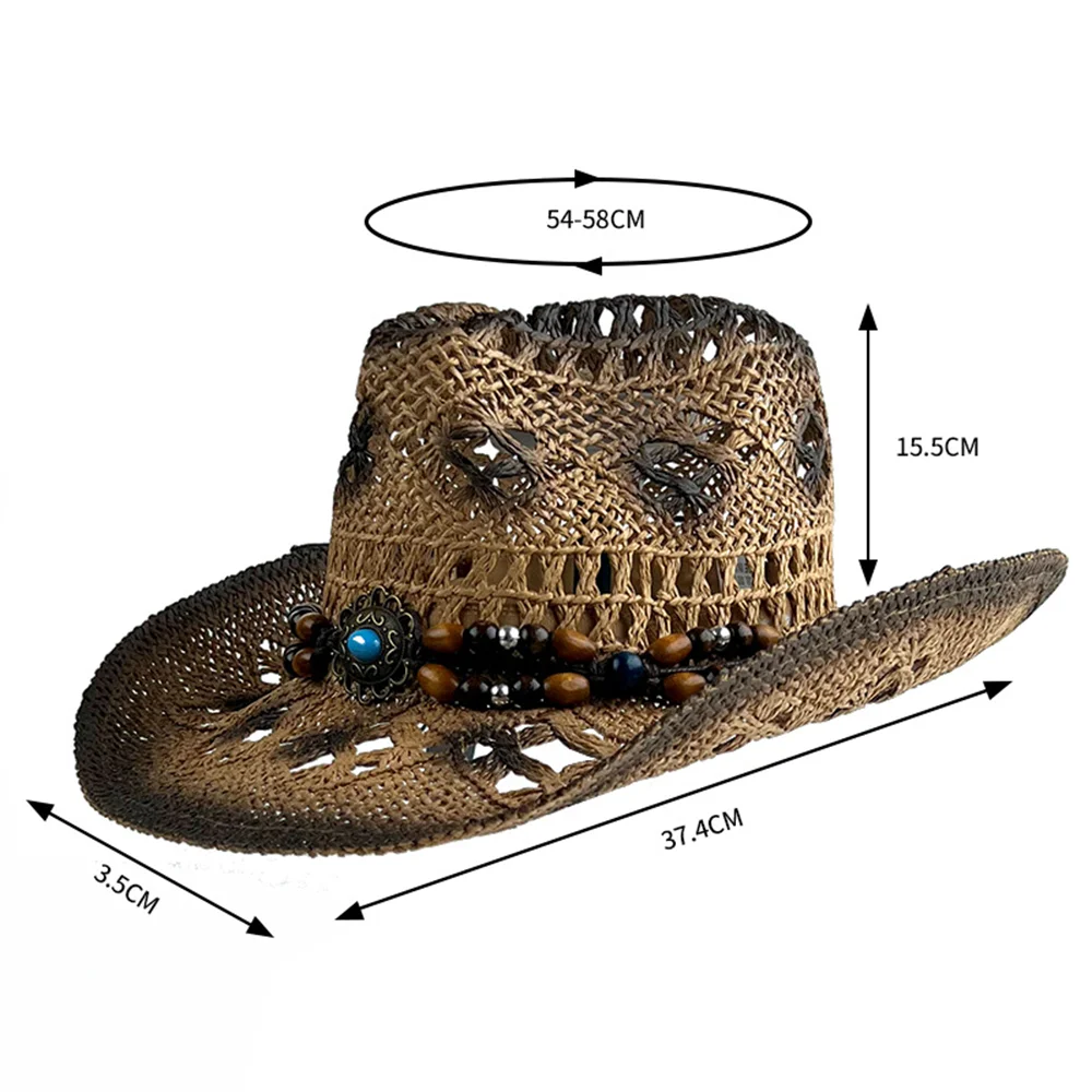 Straw Western Cowboy Hat Hand Made Beach Sunhats Party Cap For Man Woman Curling Brim Cap Sun Protection Unisex Retro Straw Hat