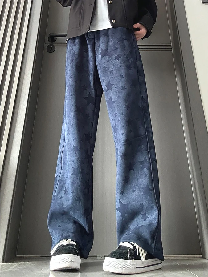 Men's Casual Straight Leg Pants Dyeing Flower Pattern Sporty Loose Fit American High Street Style Blue Star Knife Trendy