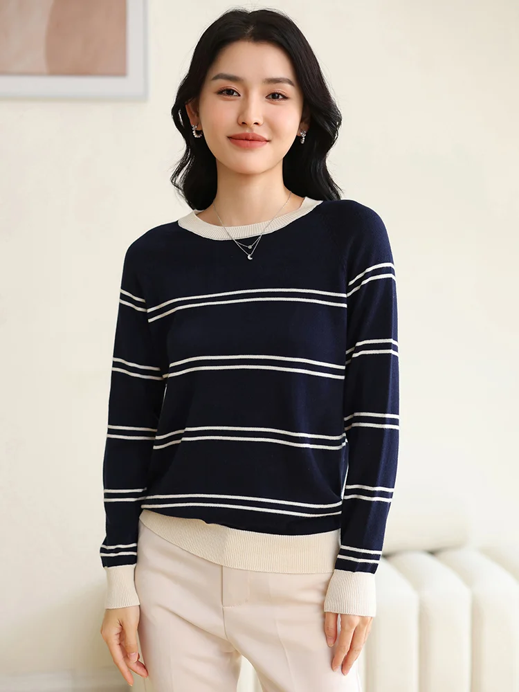 

100% cotton Sweater Spring Summer O-Neck Pullover Women's Double Striped Casual Long-sleeved Pure Cotton Knitted shirt