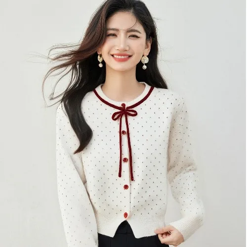 

Осенние женские свитера в горошек с длинными рукавами, вязаные кардиганы Femme, белый свитер в красный горошек