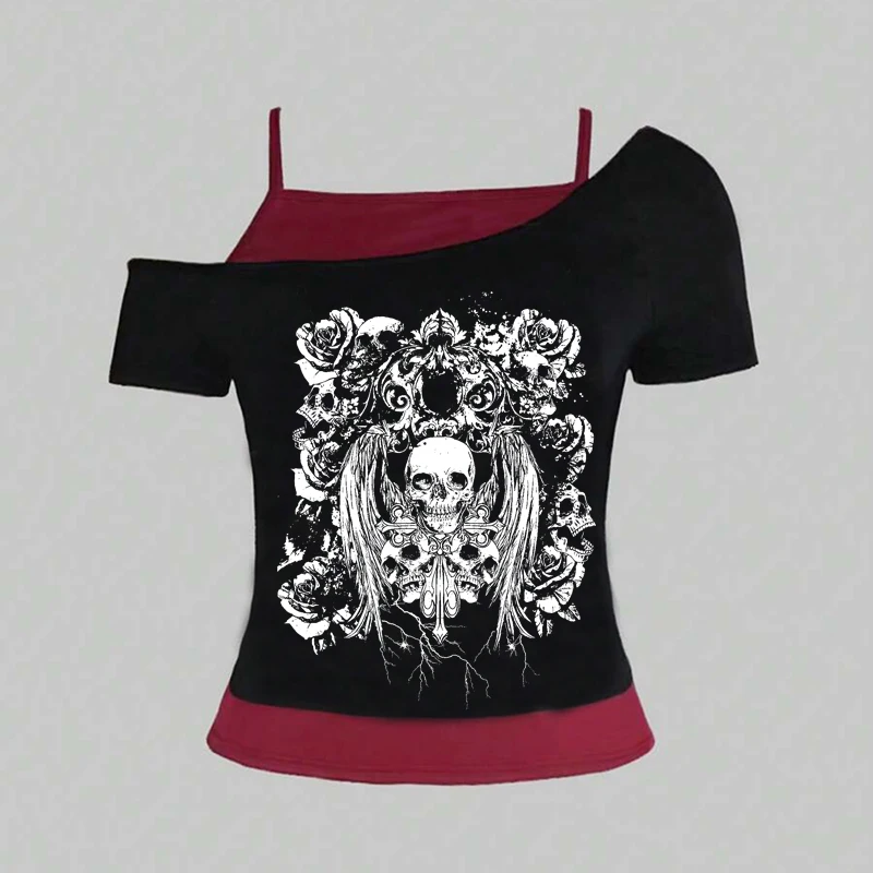 Retro gothic Fake Two-piece Printed T-shirt Women summer Y2K Streetwear Hot Girl Slim Off Shoulder Millennium Harajuku Casual image 6
