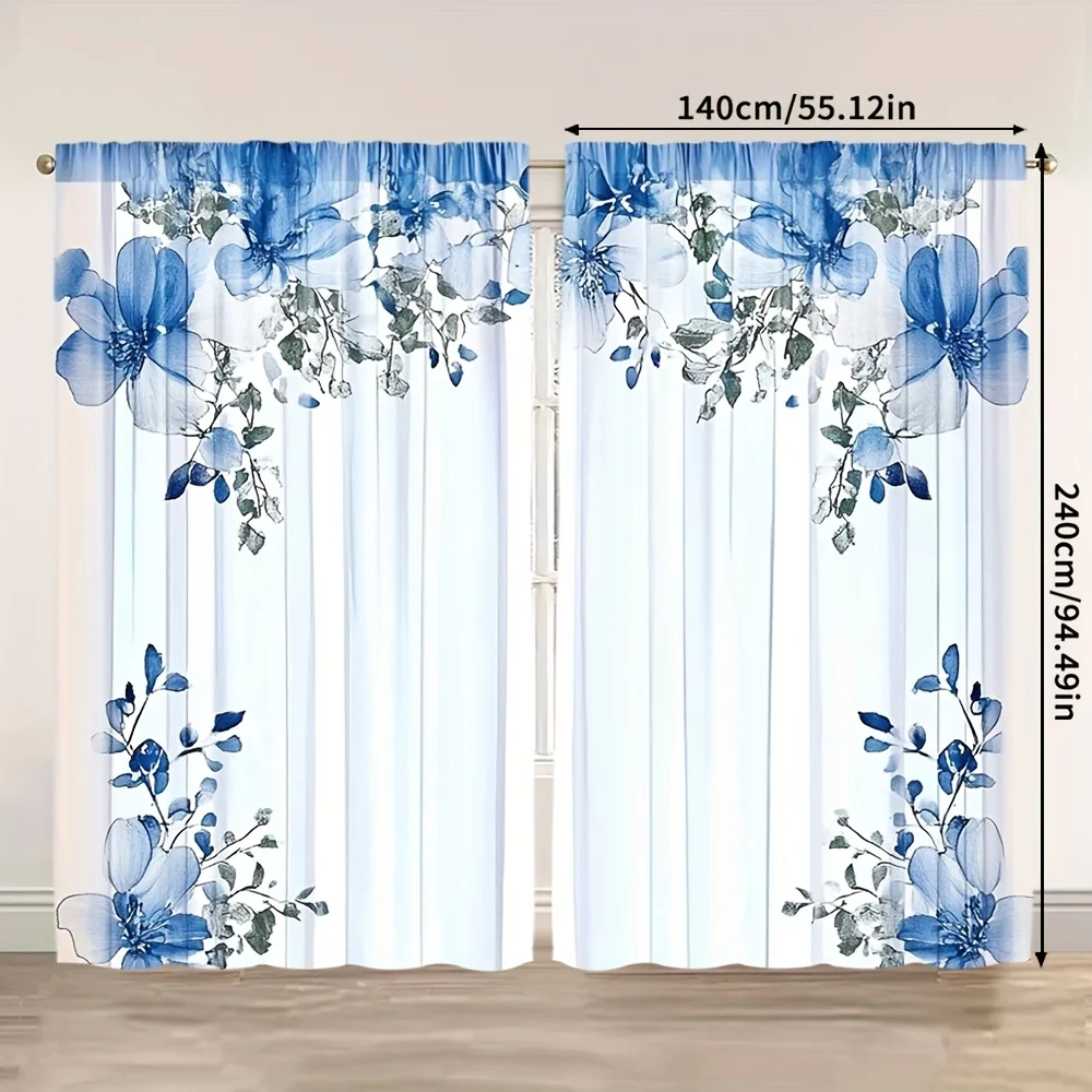 2pcs, Modern Blue Gradient Floral Four Seasons Charm Curtains, Perfect for Bedroom Living Room, Home Decoration, Room Decoration