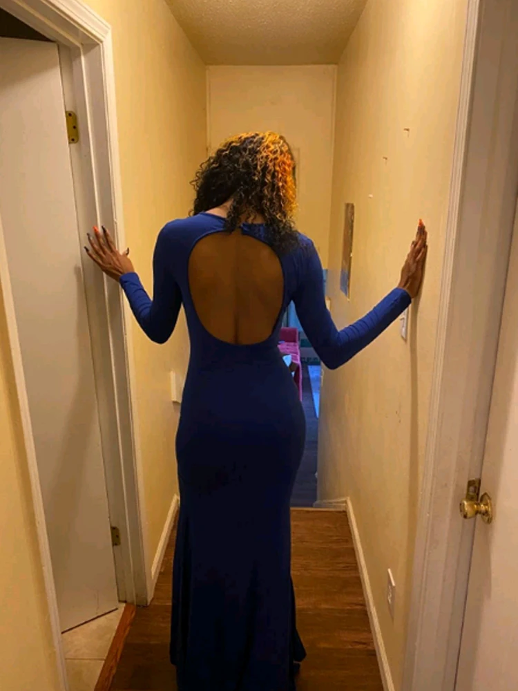 Long Sleeve Stretch Prom Dress Backless Floor Length Bodycon Party Dress Royal Blue Red Black