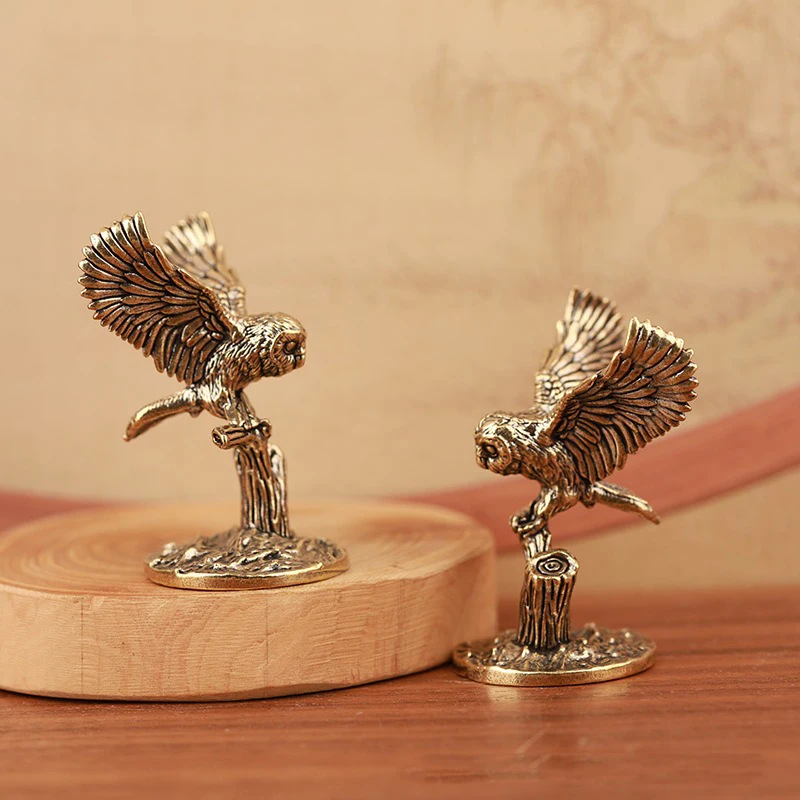 Vintage Brass Owl Perched on Branch Statue, Wing Spread Owl Figurine, Retro Copper Animal Sculpture Desktop Decor