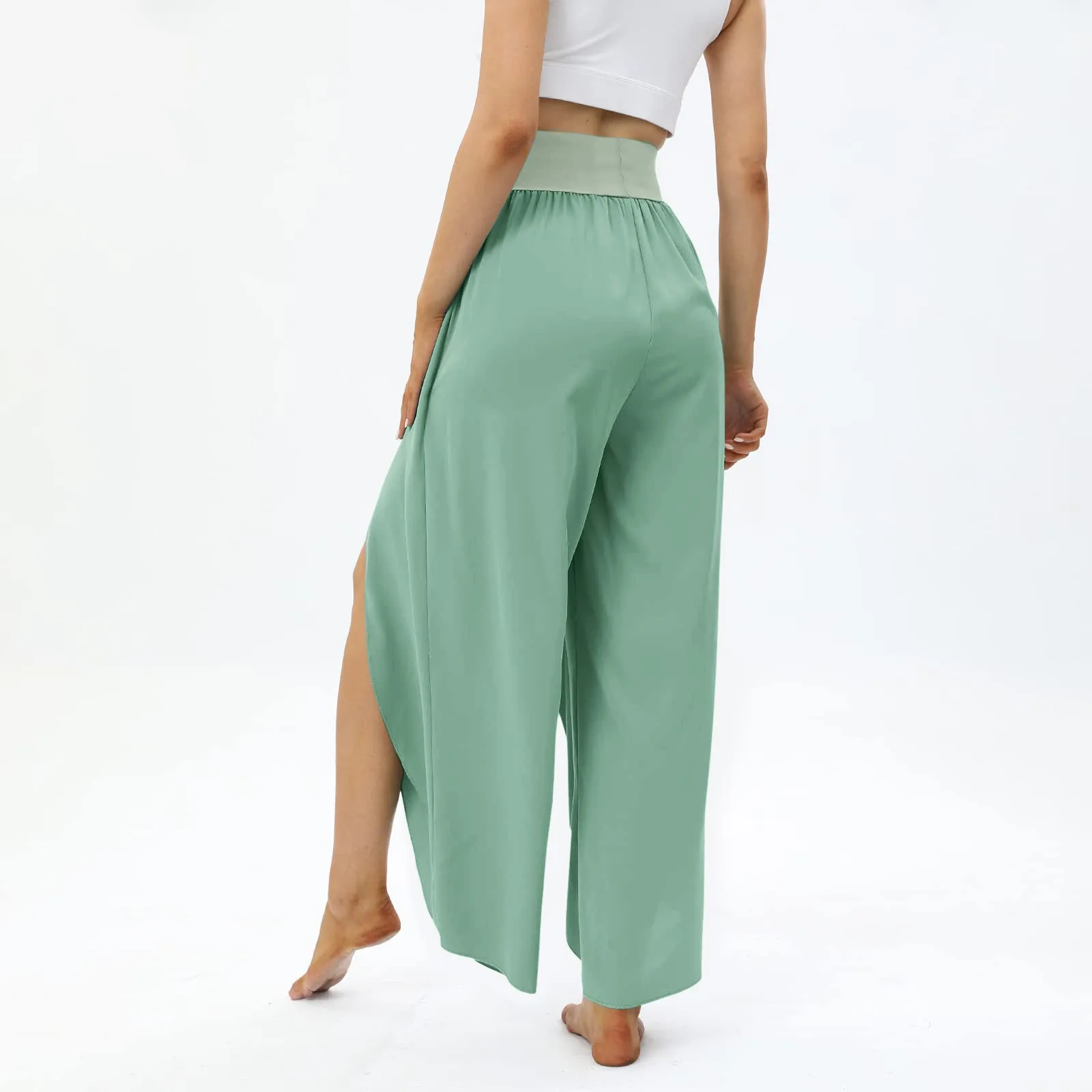 Summer Women Slit Flare Palazzo Trousers Wide Leg Pants Ruffle Hem Side Split Casual Loose Pants Elegant Lady Harem Yo-Ga Pants