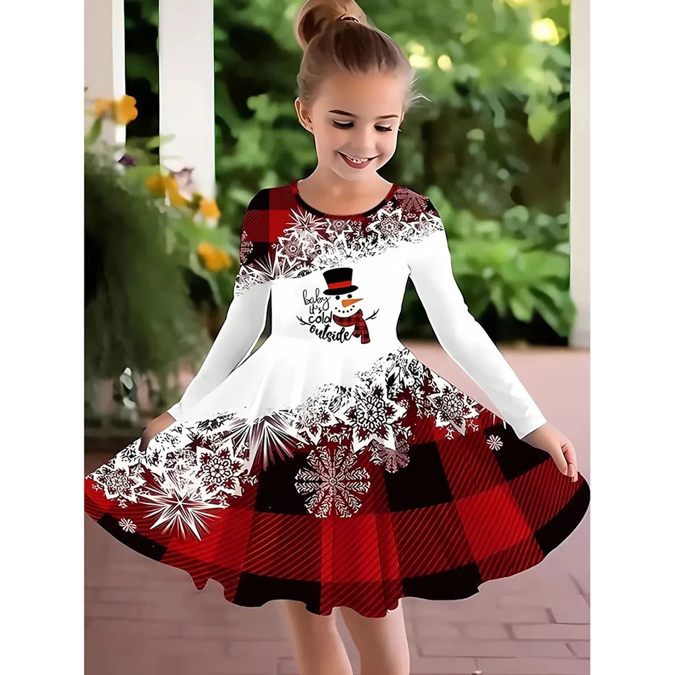 2025 Christmas Dress Kids Long Sleeve Full Printing Casual Elk Xmas Baby Girls Clothes Santa Claus New Year Party Outfit