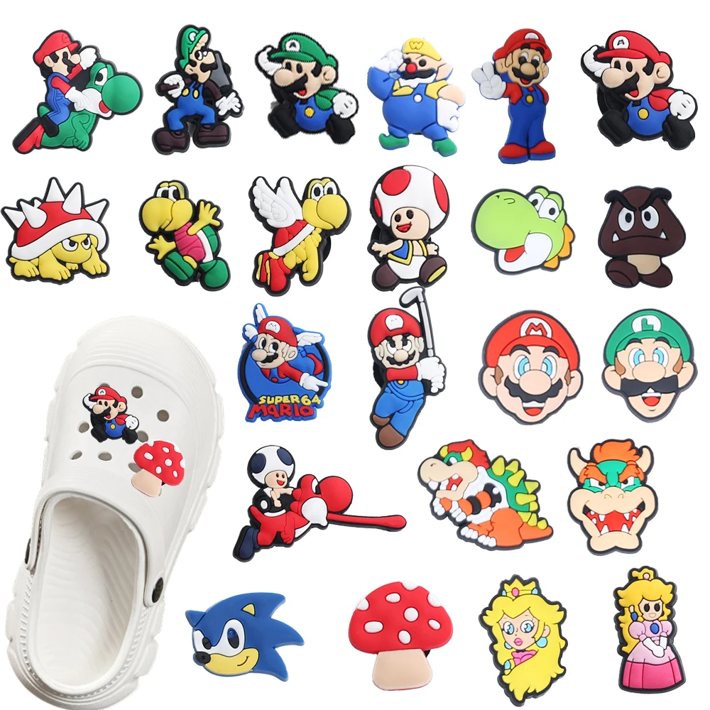 

NEW 1-23pcs Cartoon Mario Bros Series PVC Shoes Accessories Fit with Hole wristbands DIY Shoe Decorations Buckle Kids Gifts
