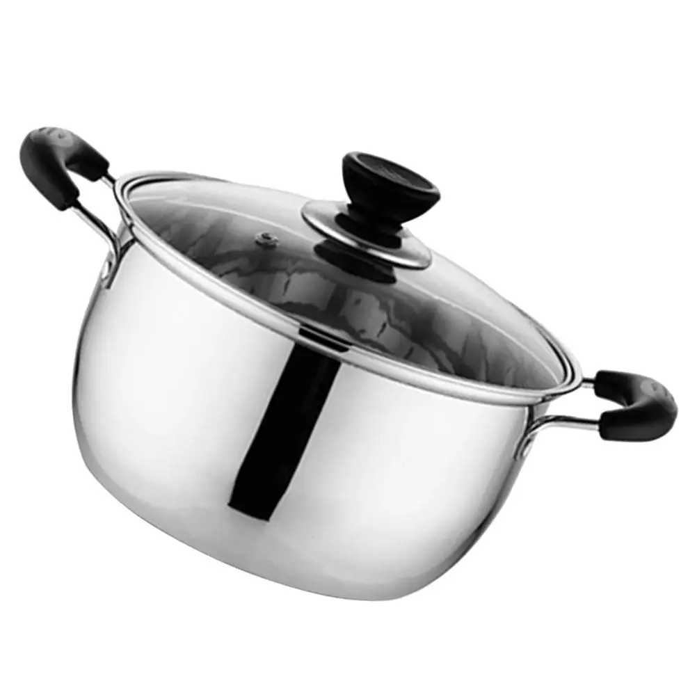 Olla de leche de acero inoxidable con tapa y doble asa, ideal para cocinar leche, huevos, sopa, pasta, guisos y fideos coreanos, apta para lavavajillas.