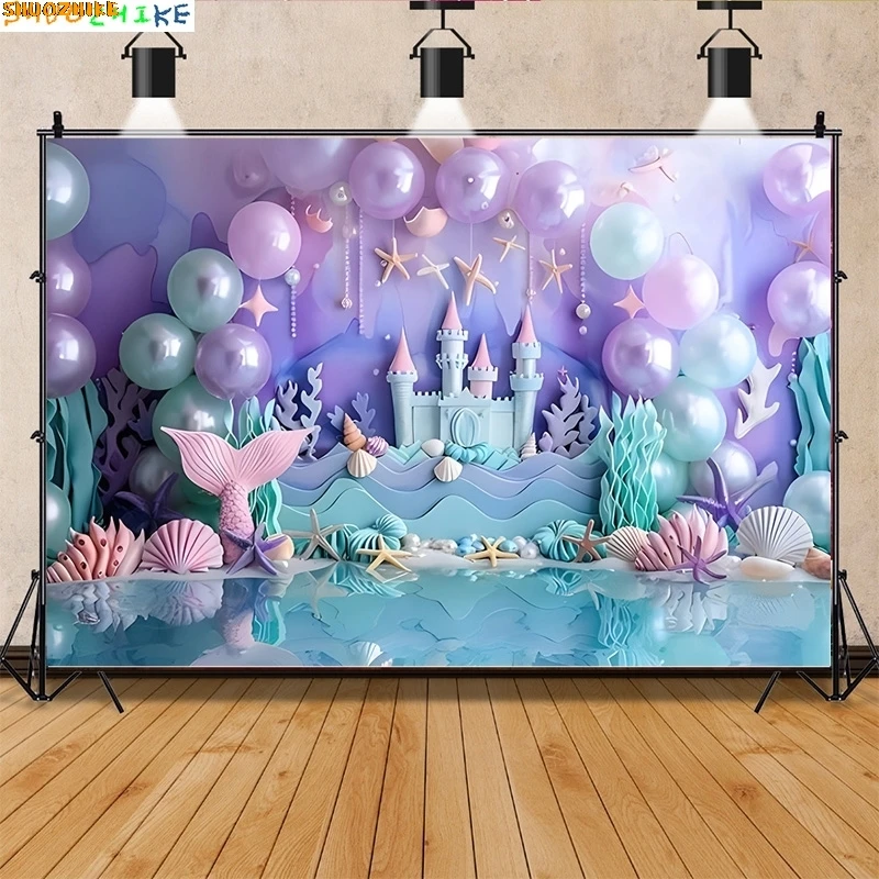 

Castle Mermaid Sea Happy Birthday Photography Background Holiday Baby Children Party Vintage Theme Photo Studio Backdrops VX-07