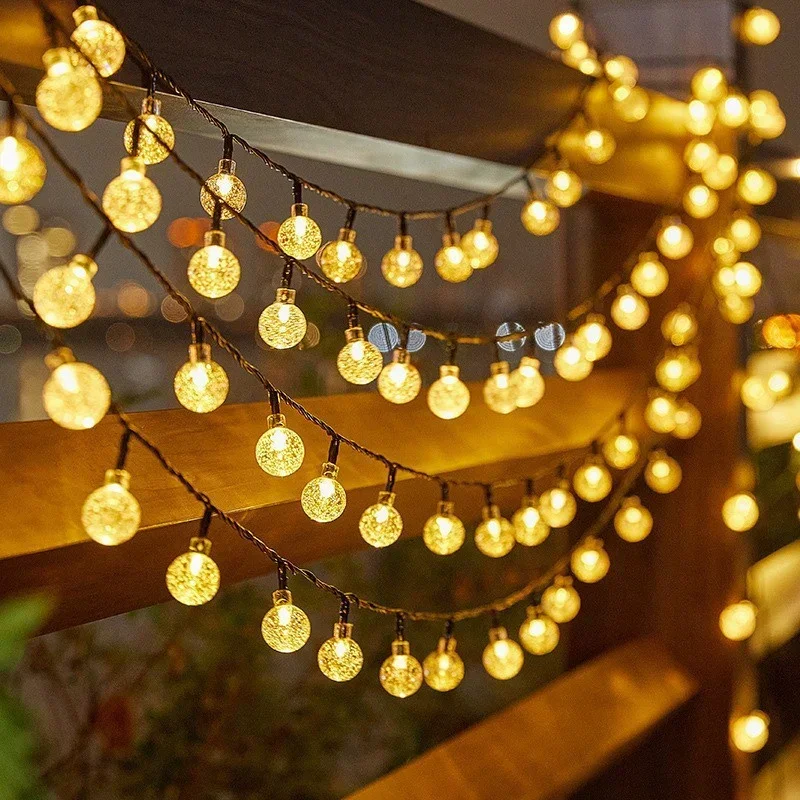Solar 5/7/12m Outdoor LED Crystal Globe String Light Fairy Light for Garden Wedding Christmas Home Room 2025 Ramadan Decoration