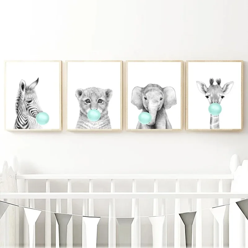 Nordic Kids Room Teal Bubble Elephant Giraffe Child Animal Minimalist Wall Art Print Canvas Painting Posters for Home Decor