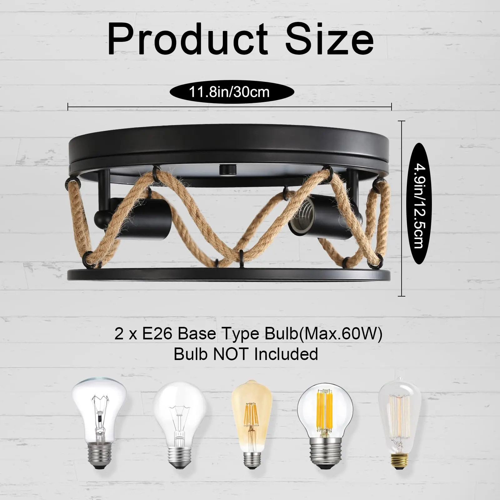 Retro Ceiling Light Black Ceiling Lamp 2-Light Living Hemp Rope Ceiling Light Fixture For Room Dining Room Loft Hallway Loft