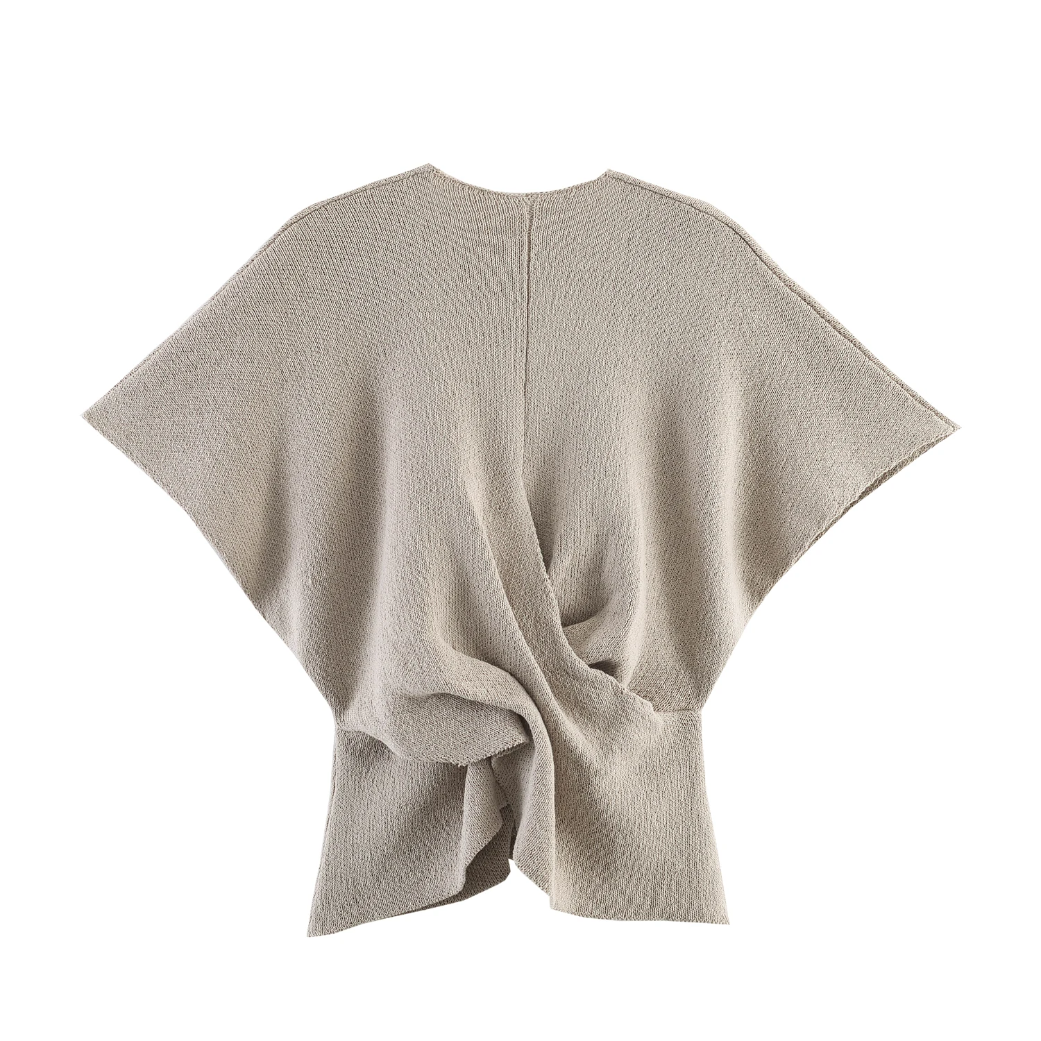 BSAY Elegant Ladies Solid Knit Short Top Deep V Neck Twisted Front Waist Cinched Batwing Sleeve Summer Office Casual Knit Shirt
