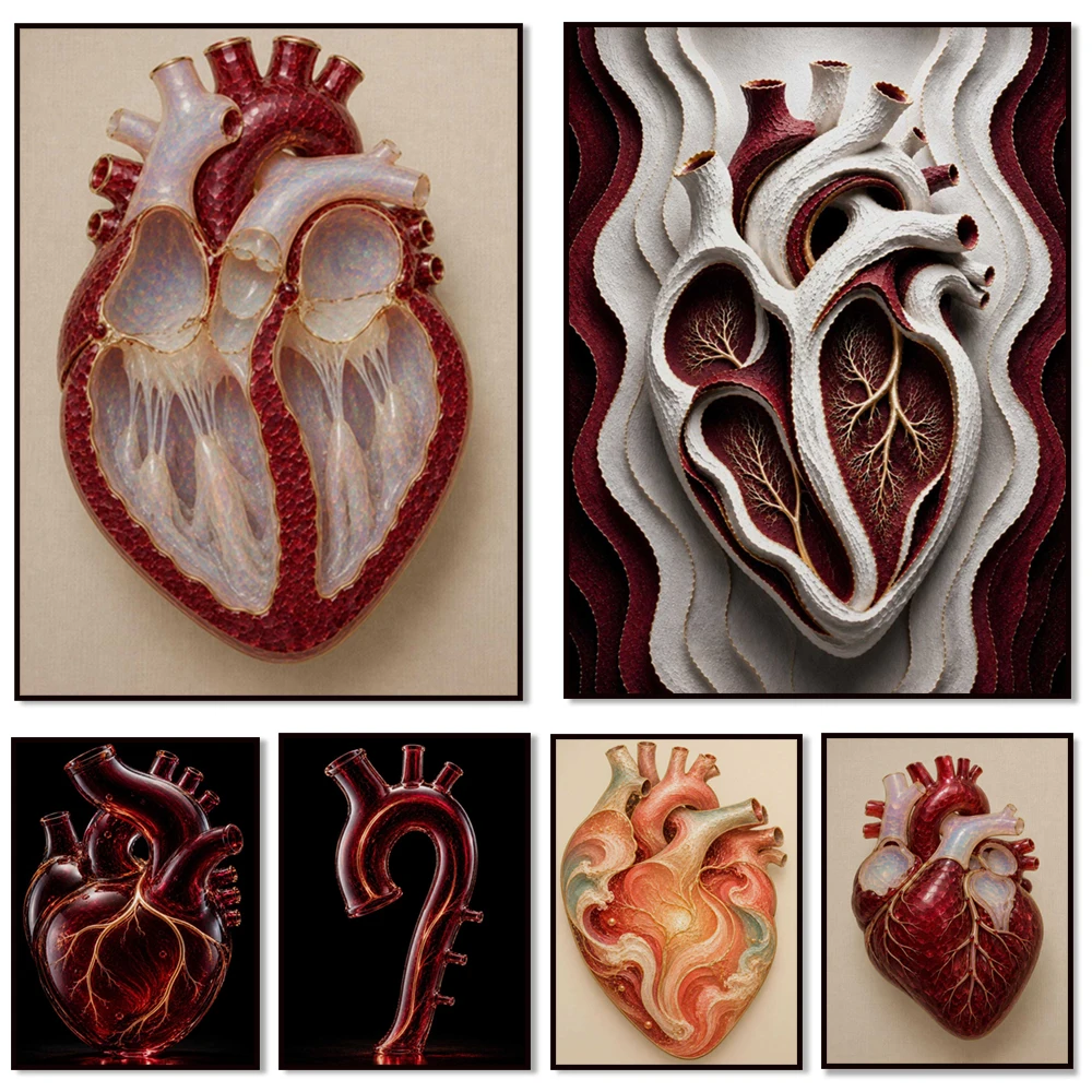 Anatomical diagrams of the heart and aorta, cardiology, human heart, neurology (brain), lungs, medical office decorative posters