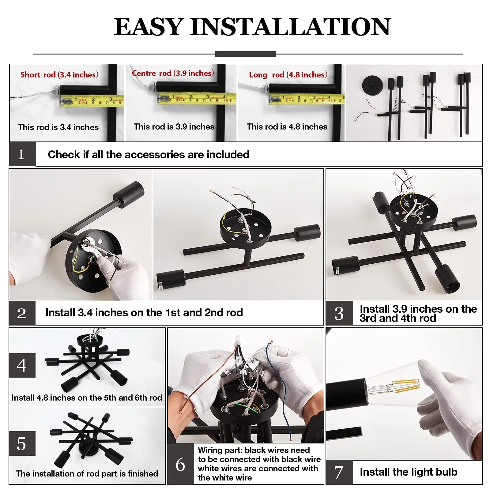 Semi Flush Mount Modern Ceiling Light Fixture， 6 Lights Black Vintage Matte Sputnik Chandelier Ceiling Lamp with E26 Bulb Base