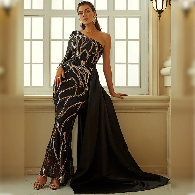 New Delicate Black Arabian Evening Dress Long Shawl Open Back One Shoulder Sequins Special Occasion Prom Party Dress