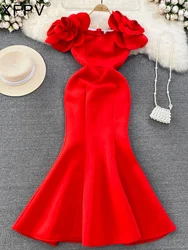 Red Women Ceremonial Dress Slim Satin Solid Flowers Sleeveless For Wedding Evening Banquet Party Birthday Gowns