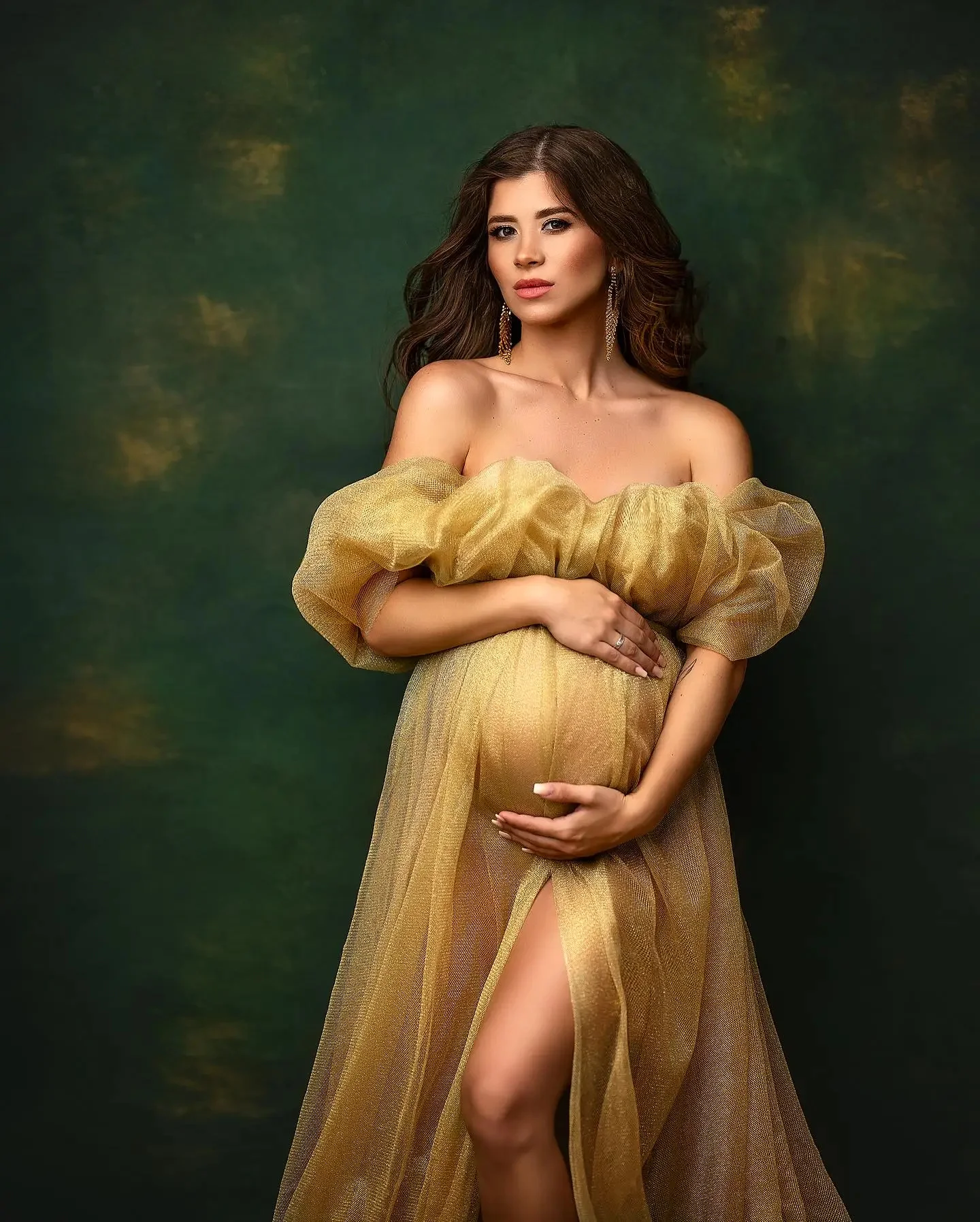 Sparkly Gold Slit Maternity Prom Dress Robe Pregnant Pajams Sexy Sleepwear Bathrobe Photoshot Fluffy Tiered Party Gowns Tulle