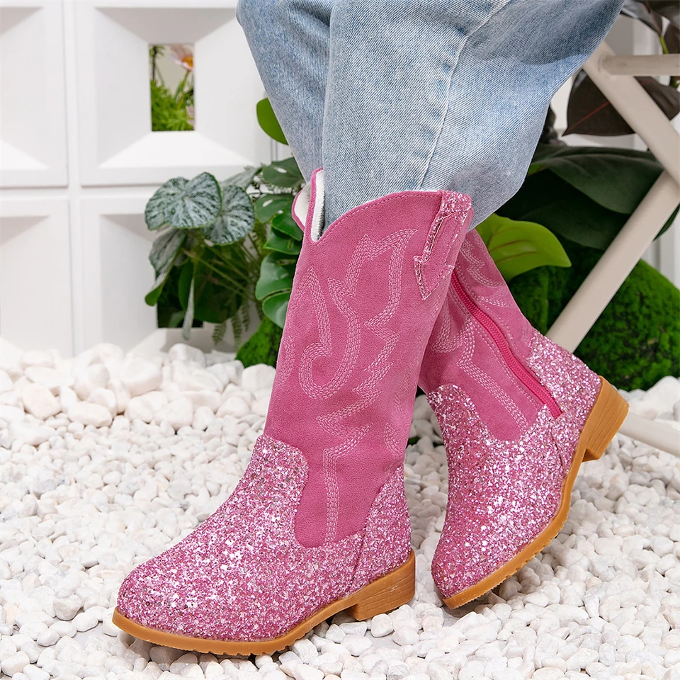 Winter Plush Little Girls Shiny Sequins Cowboy Boots Sparkly Western Cowgirl Mid Calf Boots Halloween Cosplay Elegant Footwear