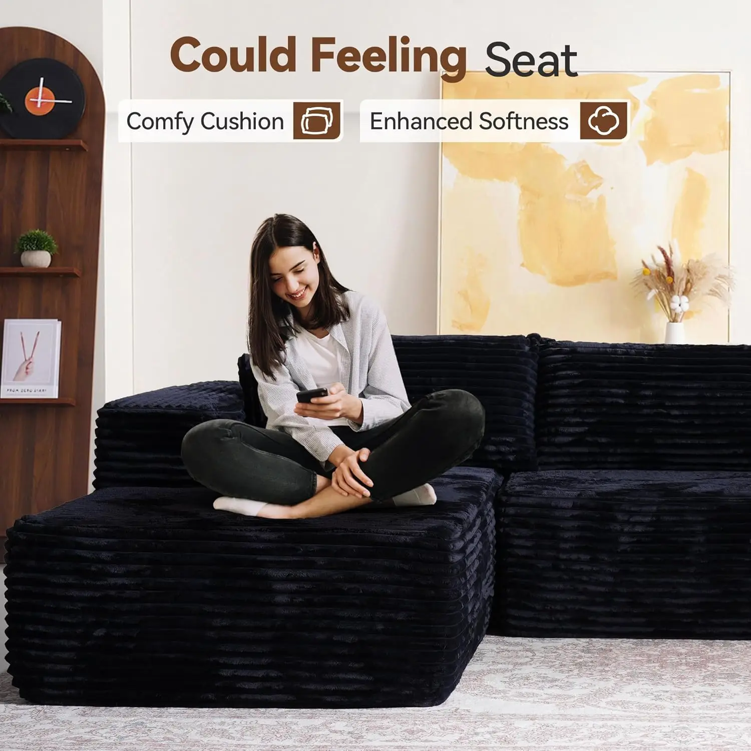 Sofá seccional en forma de nube de 104" con cómoda chaise, sofá en forma de L sin hueso con asiento profundo, sofás cama modulares minimalistas para Livin