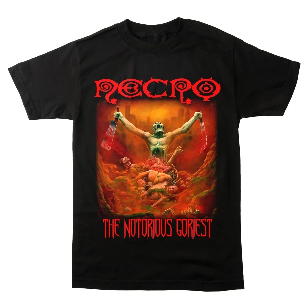 Necro T‑Shirt, Features Horde of Zombies in Burning Apocalyptic City Graphic, Fiery Horror Art for Underground Hip Hop Street