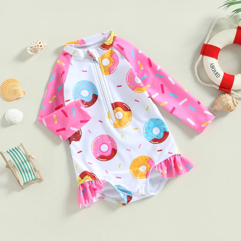 Kids Clothes Girls Swimwear Rash Guard Swimsuit Flamingo/Flower Print Zipper Sun Protection Bathing Suit Baby Swimming Clothing