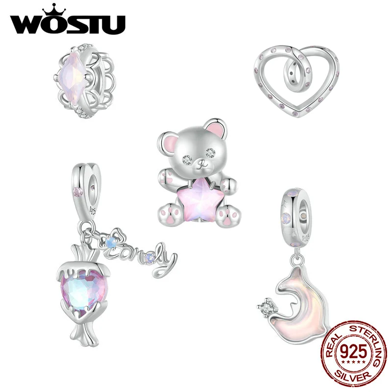 WOSTU 925 Sterling Silver Pink Star Bear Dolphin Heart Charm Pendant Lace Silicone Beads Women Fit DIY Bracelet Necklace Jewelry