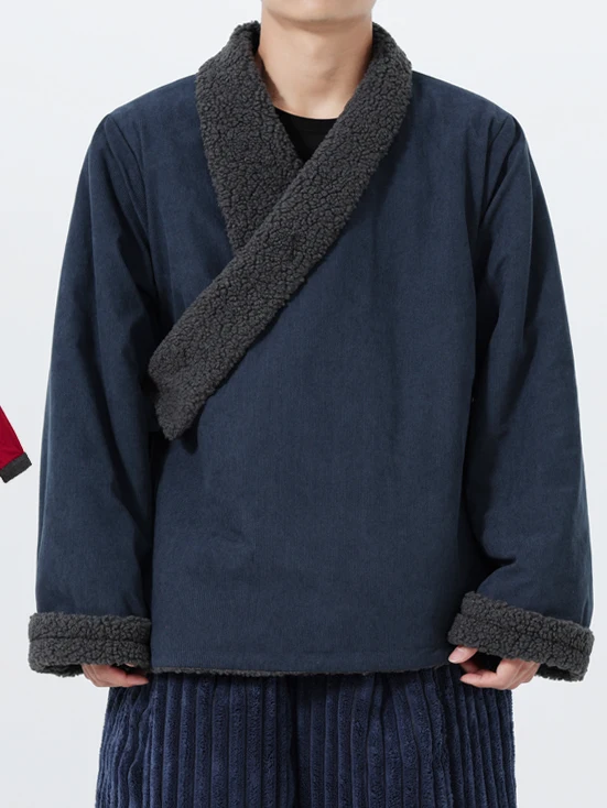 

Thiened Warmth Men's Winter Tang Costume Sle Cotton Jaet Fce Lined Slanted Lapel Traditional Chinese Faion Outerwear
