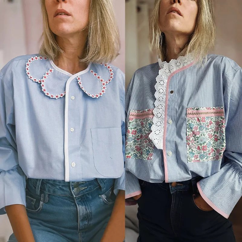 

French Chic 2026 Early Spring Pure Sky Blue Trim Petal Edge Round Neck Classic Flare Sleeve Shirt