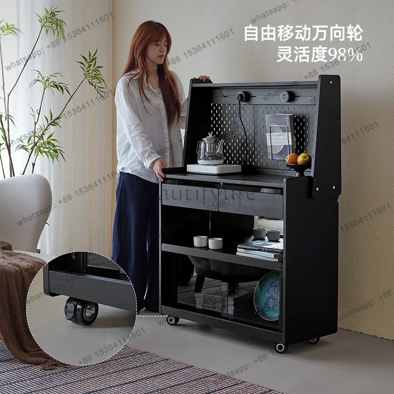 LS light luxury medieval solid wood movable sofa side cabinet with wheels integrated storage coffee and tea cabinet