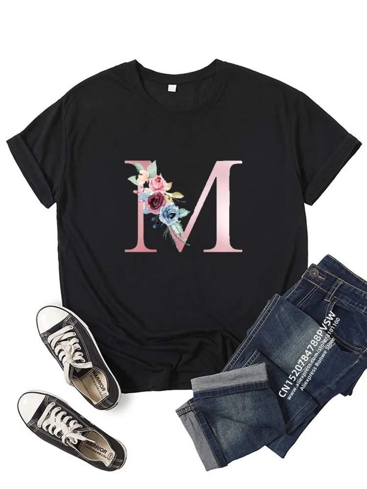 Women Flower Pink Letter Y2K Print T-shirt Girl Summer O Neck Black Harajuky Lady Tees Tops Female Streewear Clothes,Drop Ship