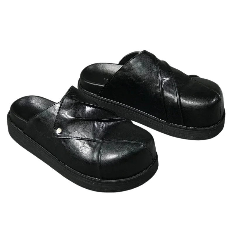 New Men's Casual Slippers Autumn Winter Retro Comfortable Lazy Black Leather Shoes for Indoor Platform Sandals Daily Use
