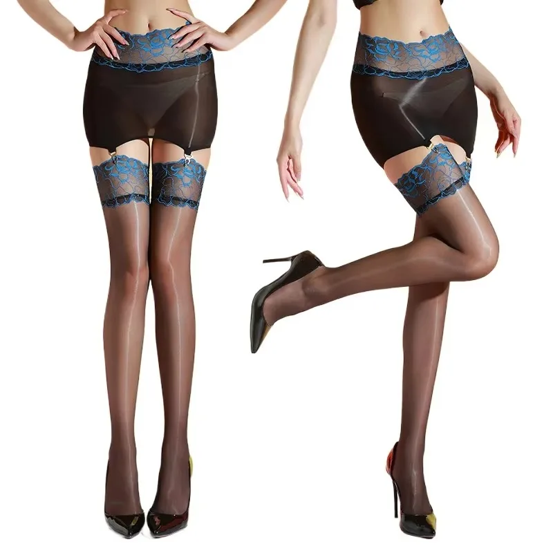 Women Sexy Stockings With Garter Belt Camellia Lace Edge Wrap Hip Skirt Ultra-Thin Oil Shiny Glossy Sheer Pantyhose Lingerie