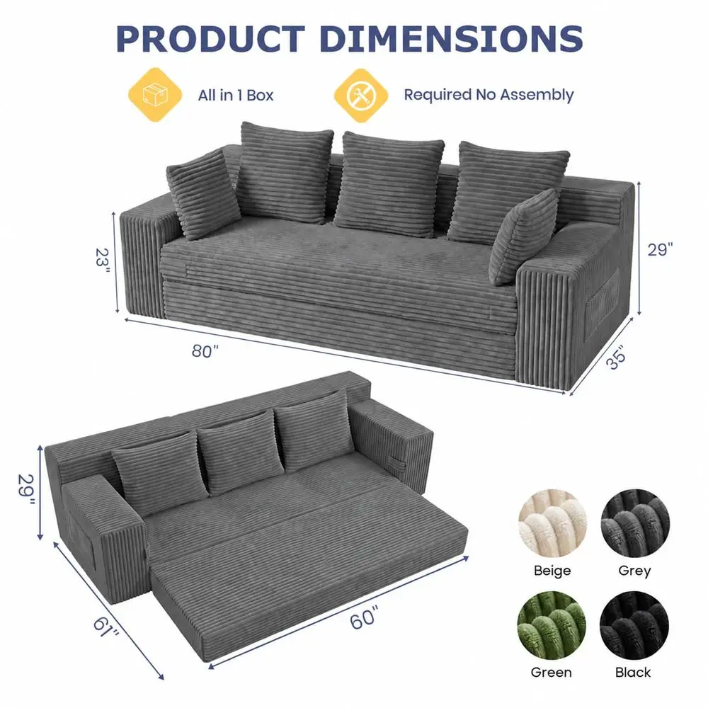 Convertible Sofa Bed, 78 Oversized Boneless Loveseat Couch 2 in 1 Foldable Futon Bed Couch in A Box, Folding Sofa Chair for Liv