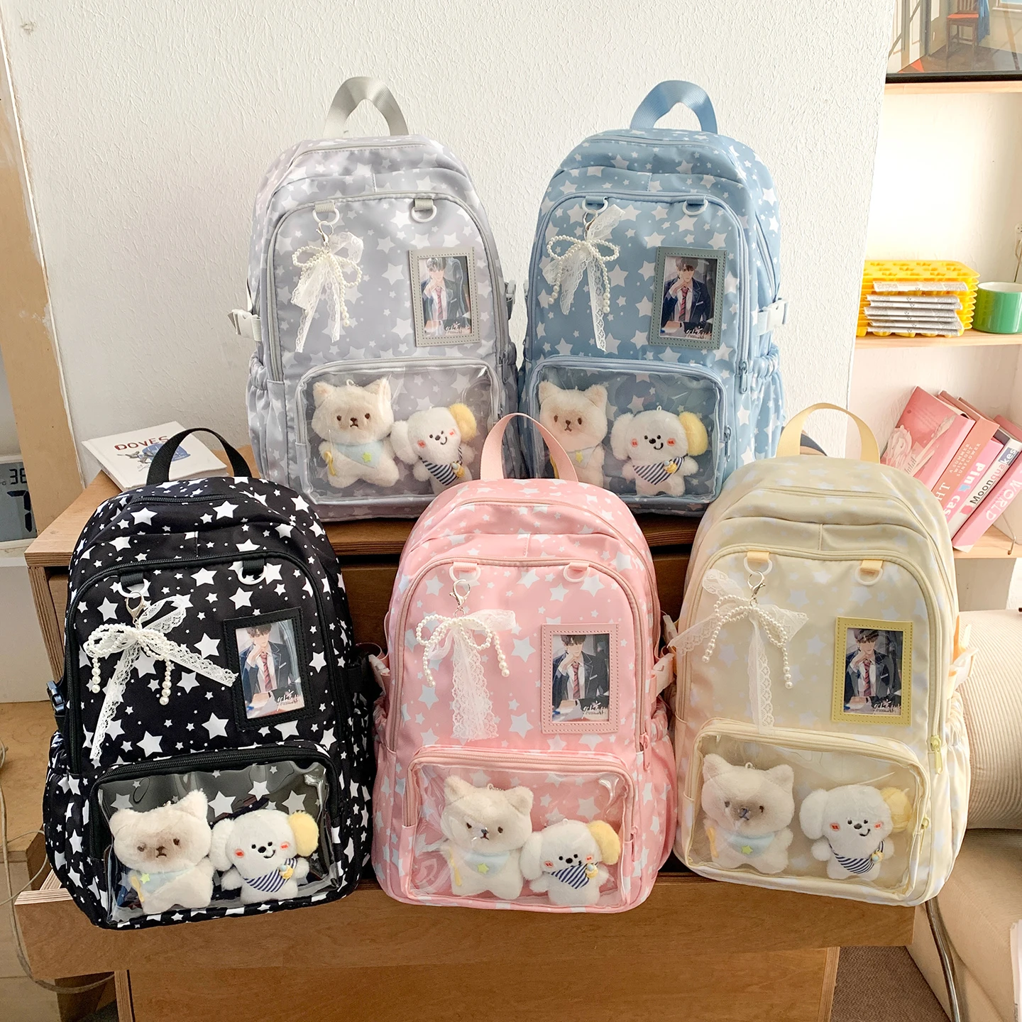 Women's Star Print Backpack Clear Display Pockets Lace Bow Charm Adjustable Strap Casual Daily Itabag School Bag 2026 view 5