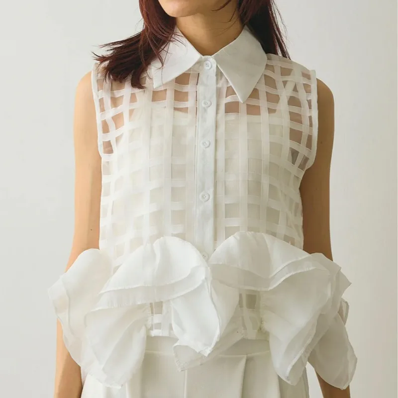 

2025 Summer New Korean Style Sleeveless Lace Shirt Women's Fashionable Button Down Transparent Overlap Blouses Ladies White Tops